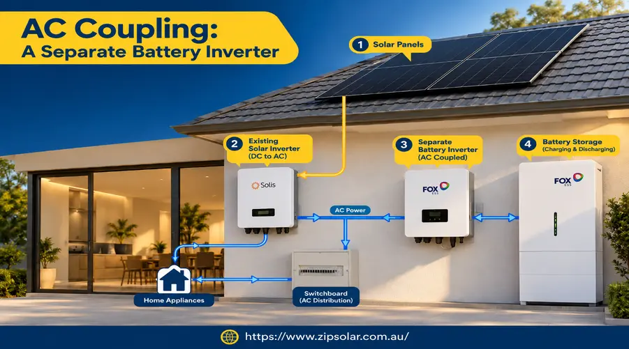 Image showing an AC-coupled solar battery system with a separate battery inverter.