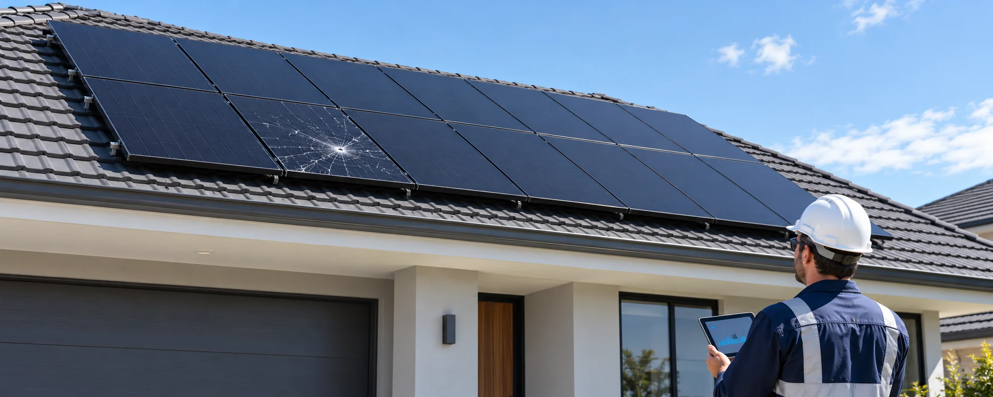 Technician inspecting a cracked solar panel on an Australian home