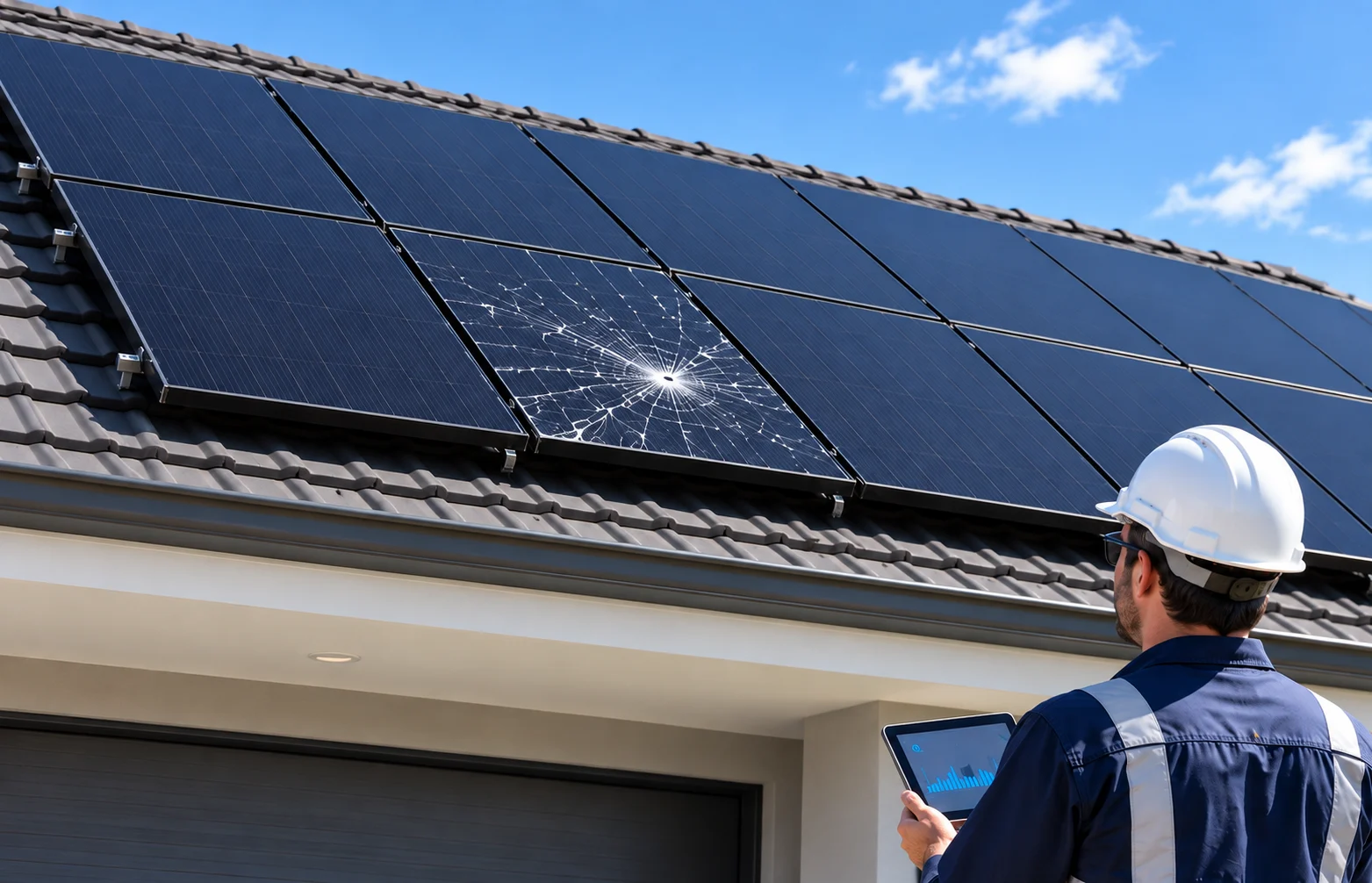 Cracked rooftop solar panel being inspected by a technician