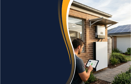 Residential solar battery mounted on exterior wall of a modern Australian home with solar panels