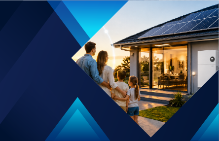 Family standing outside an Australian home with rooftop solar panels and a home battery, representing the NSW Home Energy Saver Program and interest-free finance for solar and battery systems