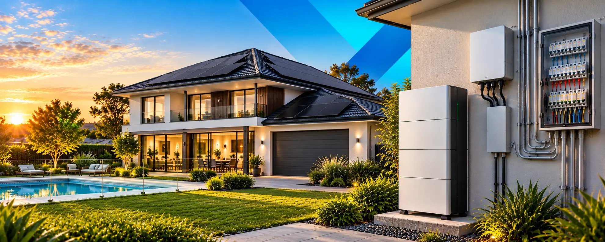 Three-phase home battery setup with rooftop solar panels, residential battery storage, inverter and electrical switchboard