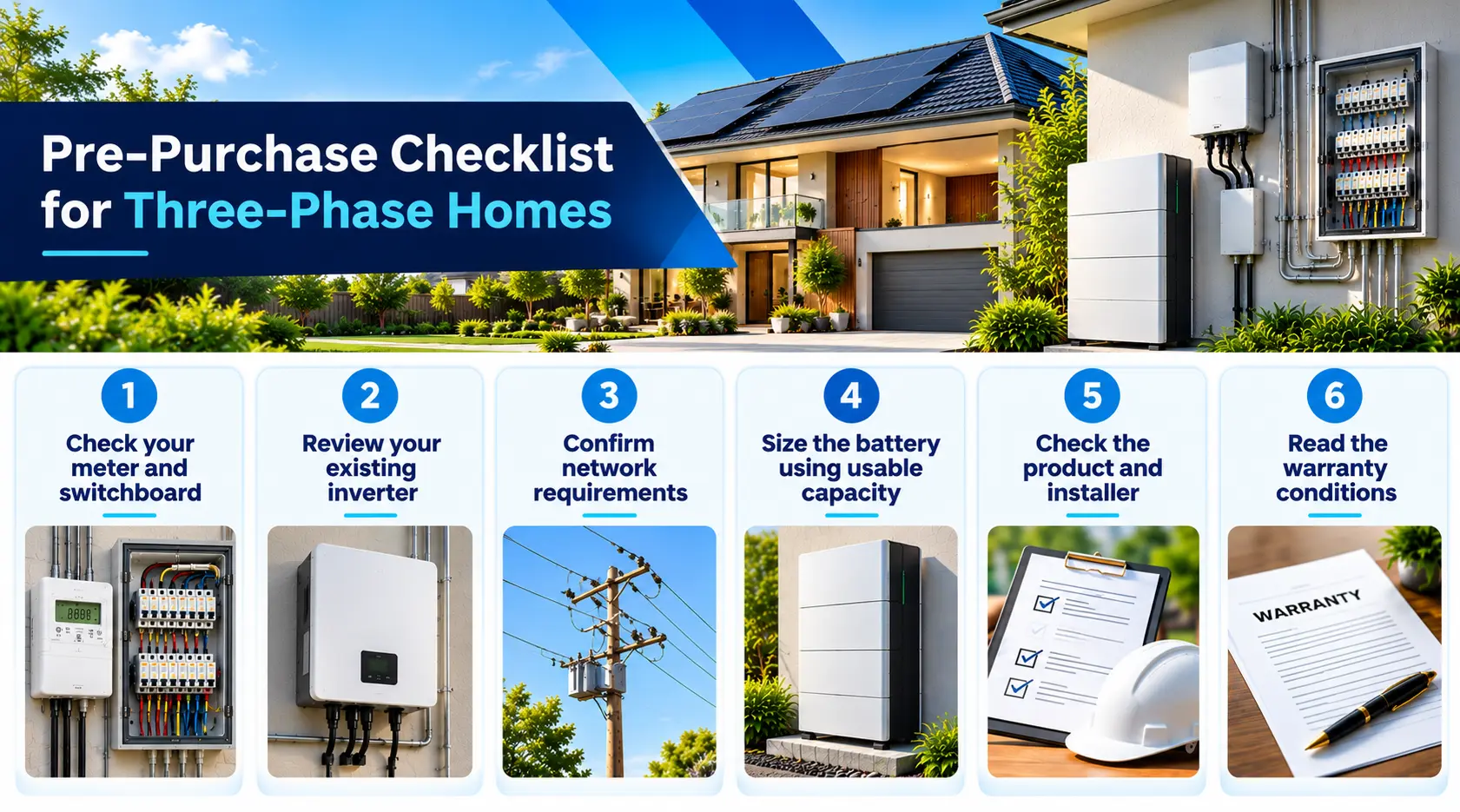 Pre-purchase checklist for three-phase home batteries covering switchboard, inverter compatibility, network requirements, usable battery capacity, installer approval and warranty conditions