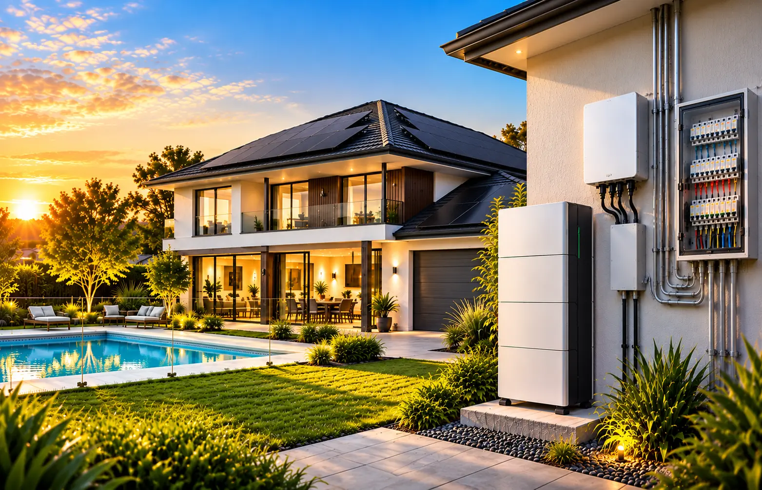 Modern Australian home with rooftop solar panels and a ground-mounted home battery