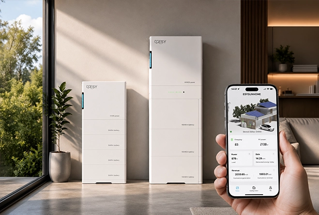 ESY SunHome monitoring platform showing real-time solar generation, battery storage and household energy consumption
