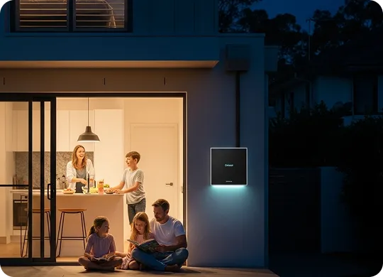 Family using solar battery power at night in a modern home.