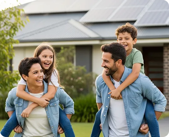 Happy family enjoying solar powered home