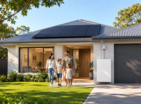 Australian family outside a home with rooftop solar panels and a 14kWh battery storage system designed for everyday energy needs.