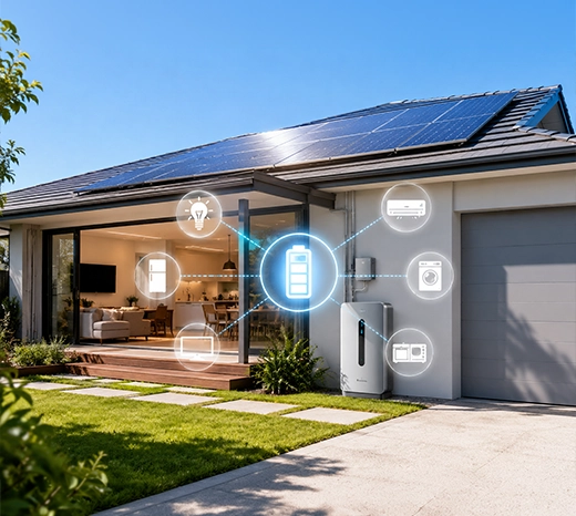 14kWh solar battery powering household appliances including lighting, air conditioning, kitchen appliances, and electronics in an Australian home.