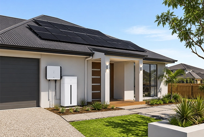 Modern Australian home with rooftop solar panels and a 14kWh battery storage system providing reliable, efficient renewable energy.