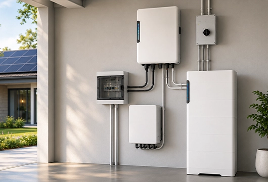 28kWh solar battery package with hybrid inverter, battery storage unit, backup gateway, and switchboard installed in an Australian home.
