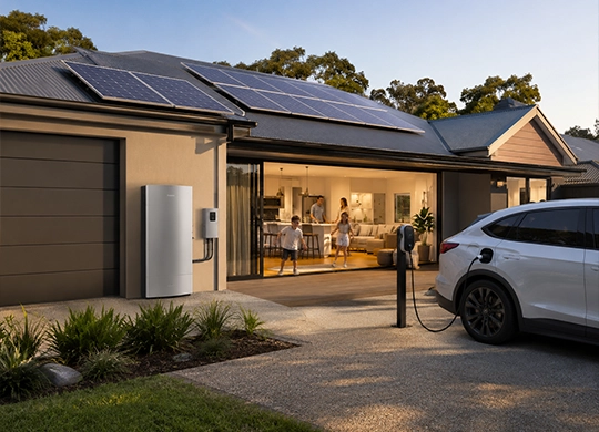 Modern Australian family home featuring a 28kWh solar battery package, rooftop solar panels, EV charger, and whole-home energy storage system.