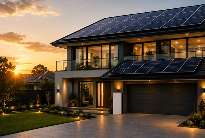 High-demand Australian home powered by a 28kWh solar battery package with rooftop solar panels for reliable day and night energy storage.