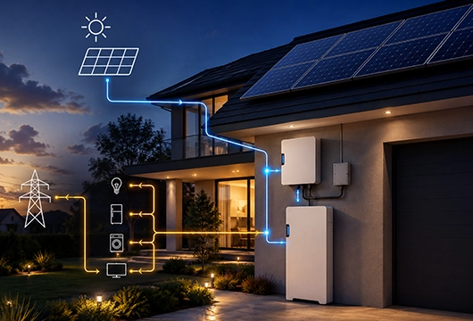 42kWh solar battery package including hybrid inverter, battery storage system, monitoring, and rooftop solar integration.
