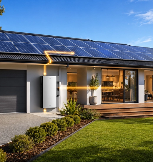 Residential solar battery connected to rooftop solar panels, demonstrating a compatible solar energy system for Australian homes.