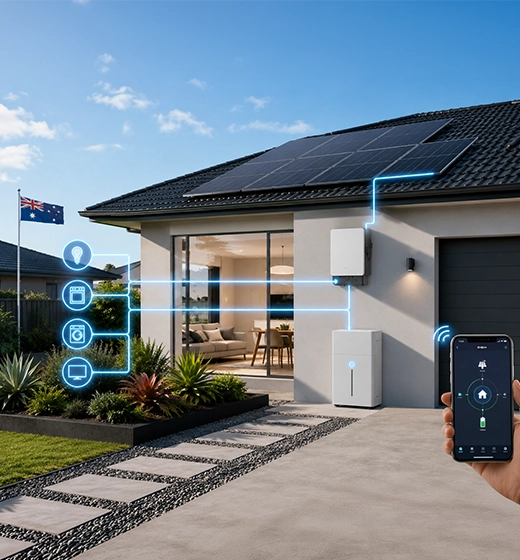 Australian home with rooftop solar panels, battery storage, and smartphone energy monitoring showing a compatible solar battery system.