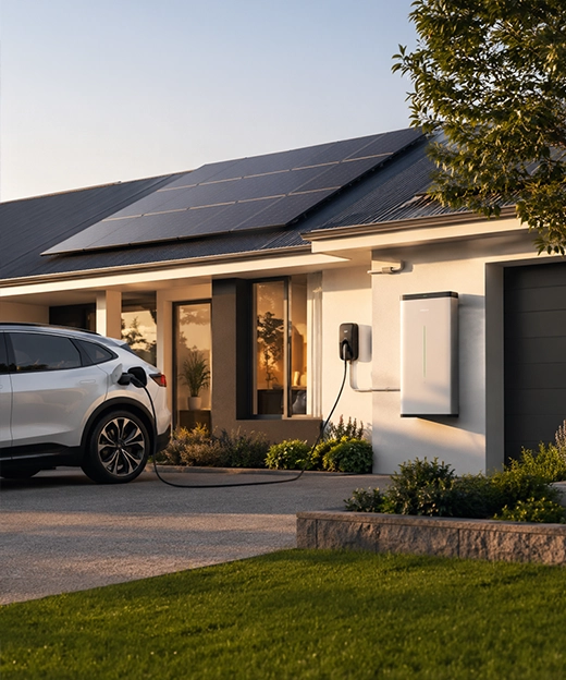 Australian home with rooftop solar panels, battery storage, and an electric vehicle charger for future-ready renewable energy.