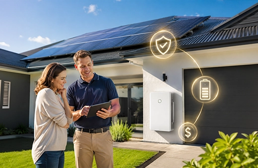 Solar consultant explaining Federal Battery Incentive eligibility to a homeowner with a residential solar battery system in Australia.