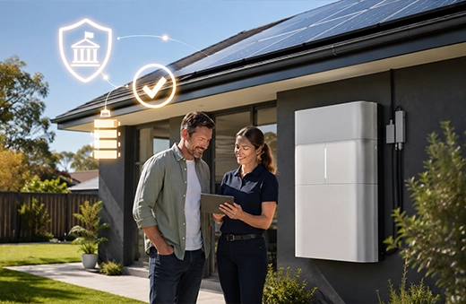 Solar consultant explaining Federal Battery Incentive eligibility to a homeowner beside a residential solar battery system in Australia.
