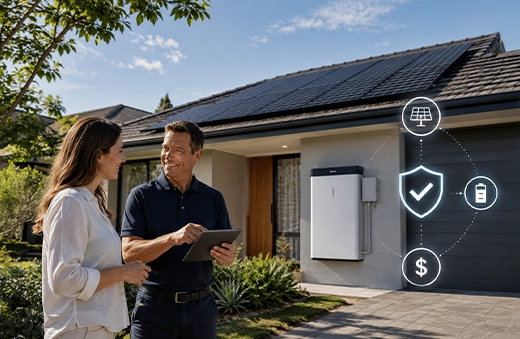 Homeowner discussing the Australian Federal Battery Incentive Program with a solar consultant outside a house with solar panels and battery storage.