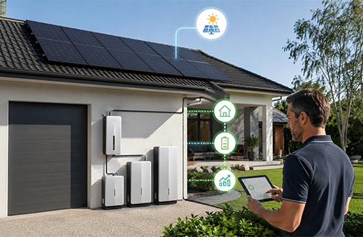 Solar battery sizing illustration showing solar panels, battery storage, home energy usage, and monitoring system for an Australian home.