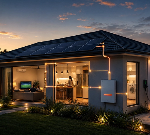 Australian home with rooftop solar panels and a large battery storage system supplying power to household appliances during the evening.