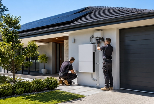 Professional installers fitting a residential solar battery storage system on an Australian home.