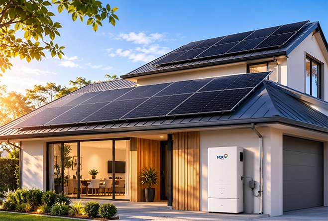 Modern Australian home with rooftop solar panels and a residential battery storage system for reliable energy and lower electricity bills.