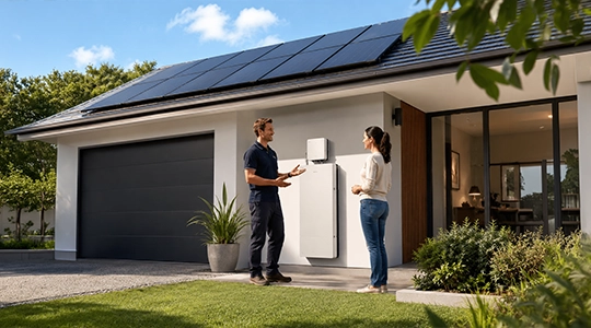 Solar expert explaining a home battery storage system to a homeowner during a residential solar consultation in Australia.
